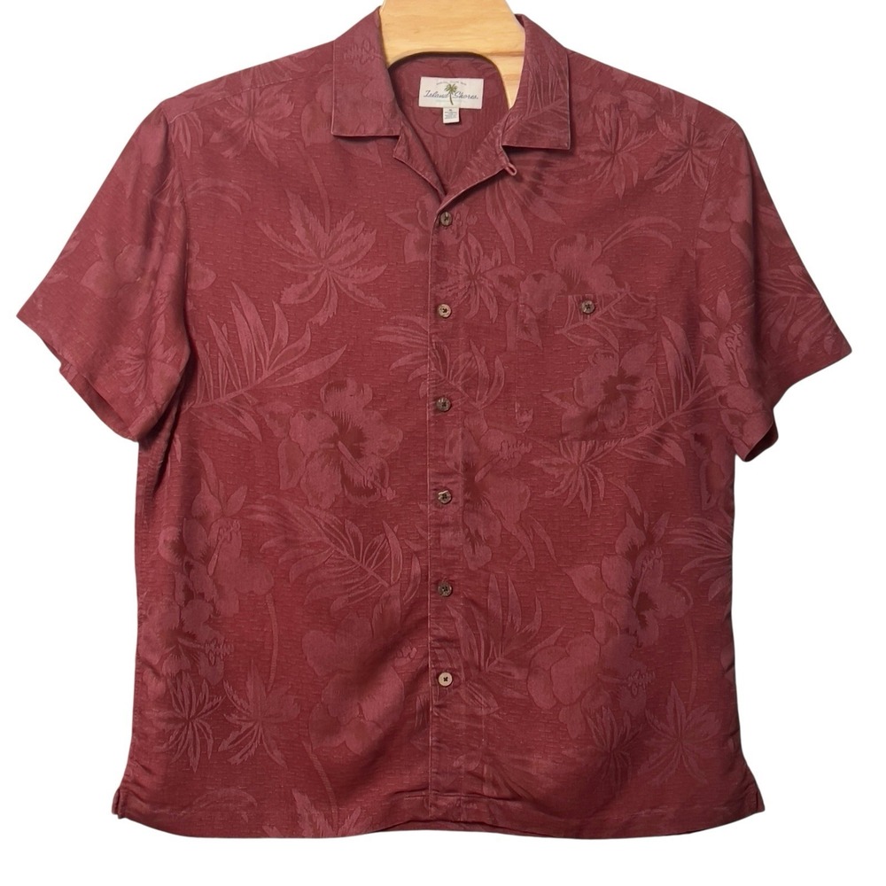Island Shores Hawaiian Floral Camp Shirt  XL Button‎ Front Pocket Crimson *Flaw